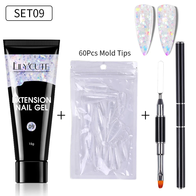 LILYCUTE 15ml Verlängerungsgel-Nagellack-Set Quick Nail Prolong mit Verlängerungsform-Nagelspitzen Acryl-Lösung Maniküre-Werkzeug-Kit