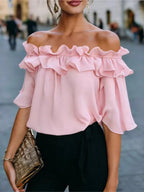 Mode Rüschen Sexy One Shoulder Damen Kurzarmshirt Sommer Neu Lässige Weite Oberteile Weibliche Elegante Vielseitige Bürobluse