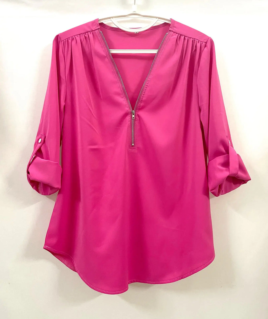 2024 Qualität Heißer Verkauf Plus Size Tiefer V-Ausschnitt Damenbluse Chiffon Coole lockere Hemd Mode Freizeit Damen Tops Sexy Reißverschluss Pullover