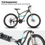 Hiland Mountainbike mit Vollfederung für Herren, 21 Gänge, 26 Zoll Laufrad, Scheibenbremsen vorne und hinten, für Herren, Damen, Erwachsene