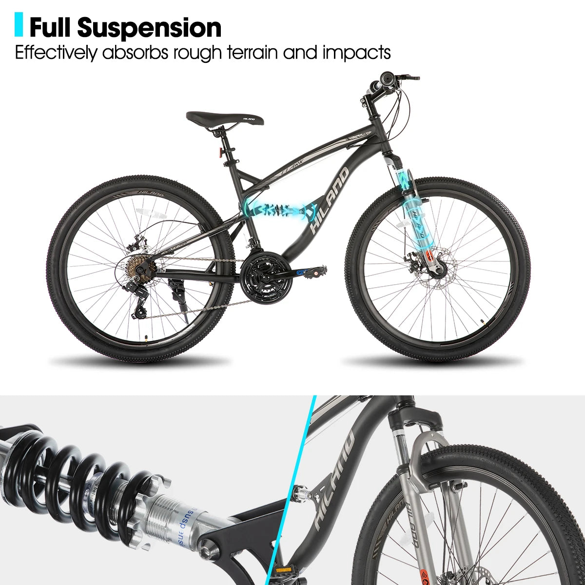 Hiland Mountainbike mit Vollfederung für Herren, 21 Gänge, 26 Zoll Laufrad, Scheibenbremsen vorne und hinten, für Herren, Damen, Erwachsene