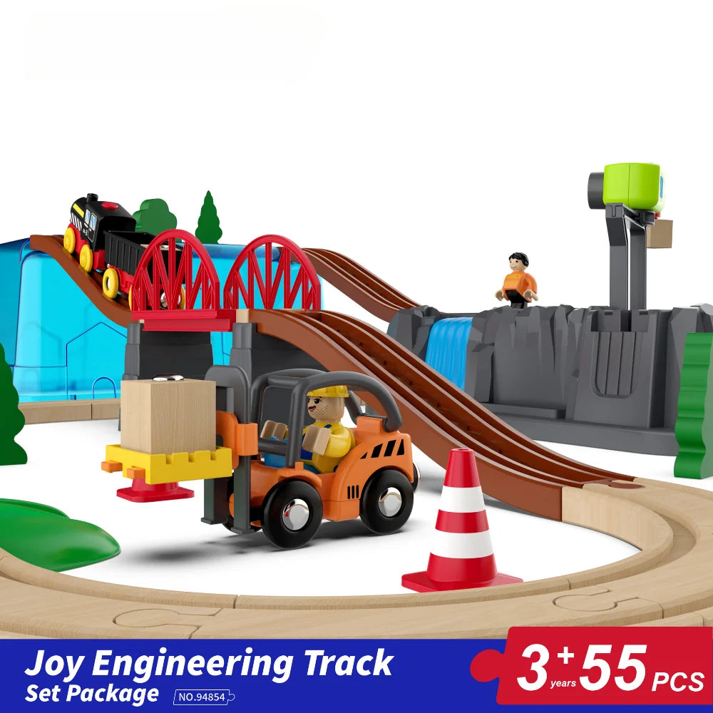 55tlg/Set Holzeisenbahn Gleis-Set Elektrischer Zug Magnetisches Auto Druckguss-Slot Passend für alle Marken Birke Holzschienen-Montagespielzeug Jungen-Geschenk