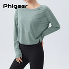 DRUR Damen Langarm Yoga T-Shirts, lockere Passform Sport Fitness Crop Tops lässig leichtes dünnes Shirt für Fitnessstudio Straße Reisen