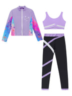 3Pcs Kids Girls Skating Athletic Fitness Workout Tracksuit Sleeveless Vest Top +Pants with Long Sleeve Zipper Sweatshirt Gym Set