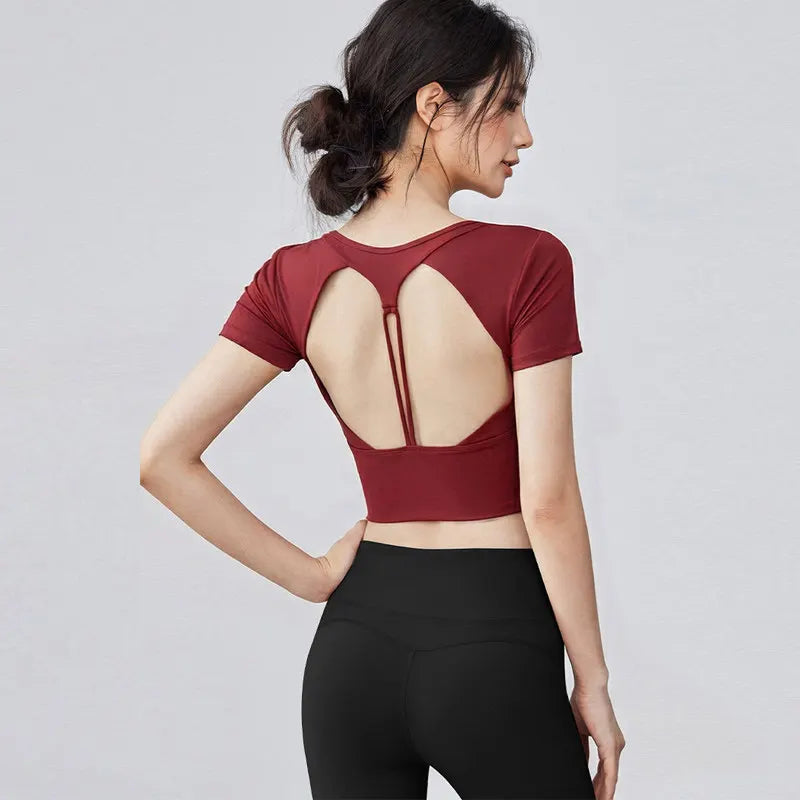 Damen Pilates Training Fitness Brustpolster Yoga Top Schnelltrocknend Atmungsaktives Sport-Kurzarmshirt Hochwertiges Yoga-Shirt