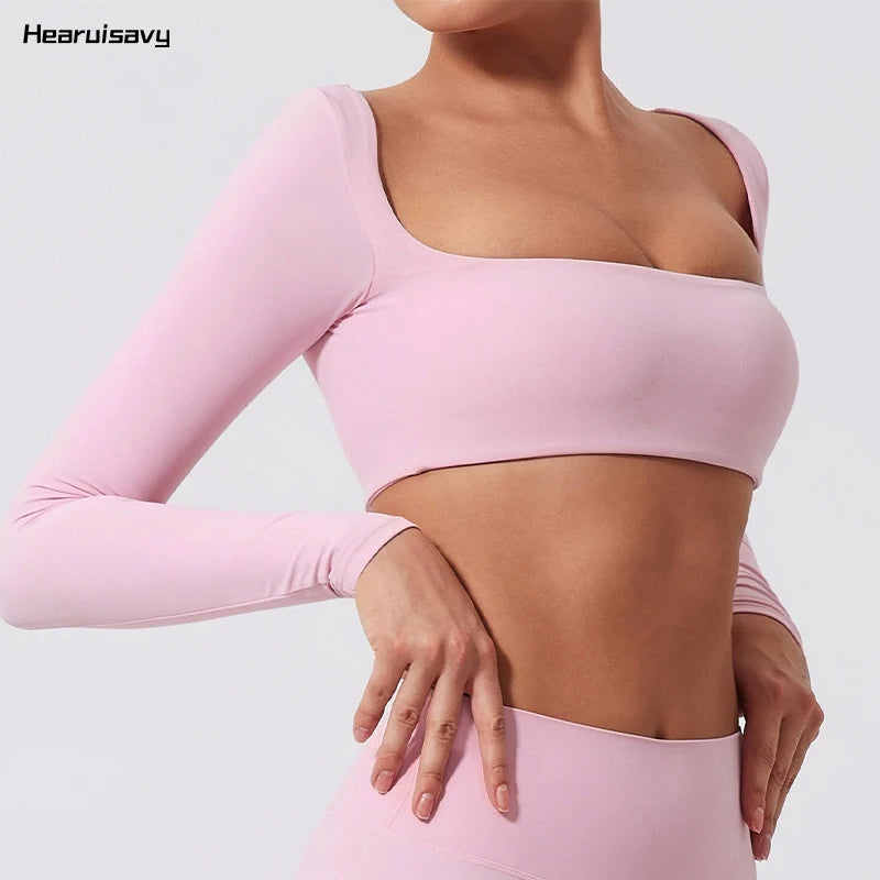 Hearuisavy Sommer schnelltrocknendes Square-Neck-Activewear Damen-Gym-Top Fitness-Sport-Crop-Top weibliche lässige Langarm-Yoga-Kleidung Hauptbild