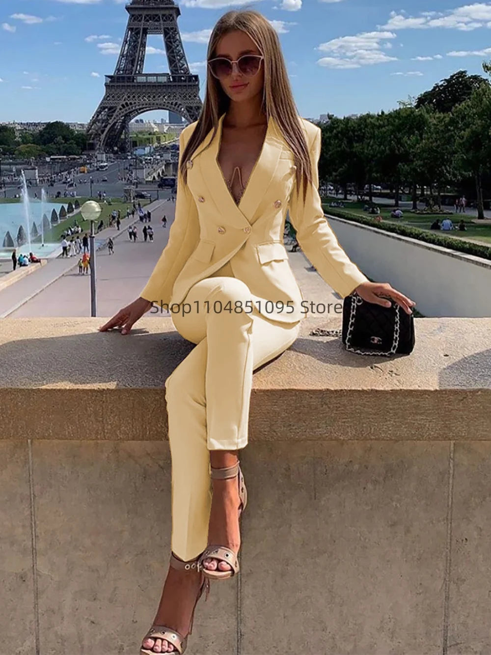Neue elegante Hosenanzüge Damen Western-Stil Beige 2-teiliges Set glättet Ihre Silhouette für Pendeln Freizeit Damen Anzüge Set Hauptbild