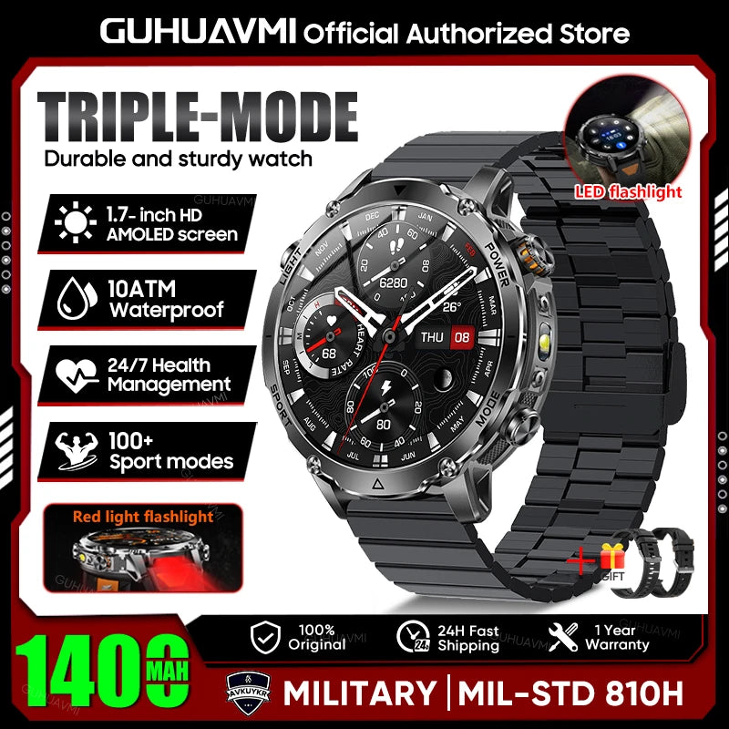 2026 Neue TANK Ultra 1400mAh Akku Militär Smartwatch 10ATM Wasserdicht Herzfrequenz Taktische LED Taschenlampe Herren Sportarmband