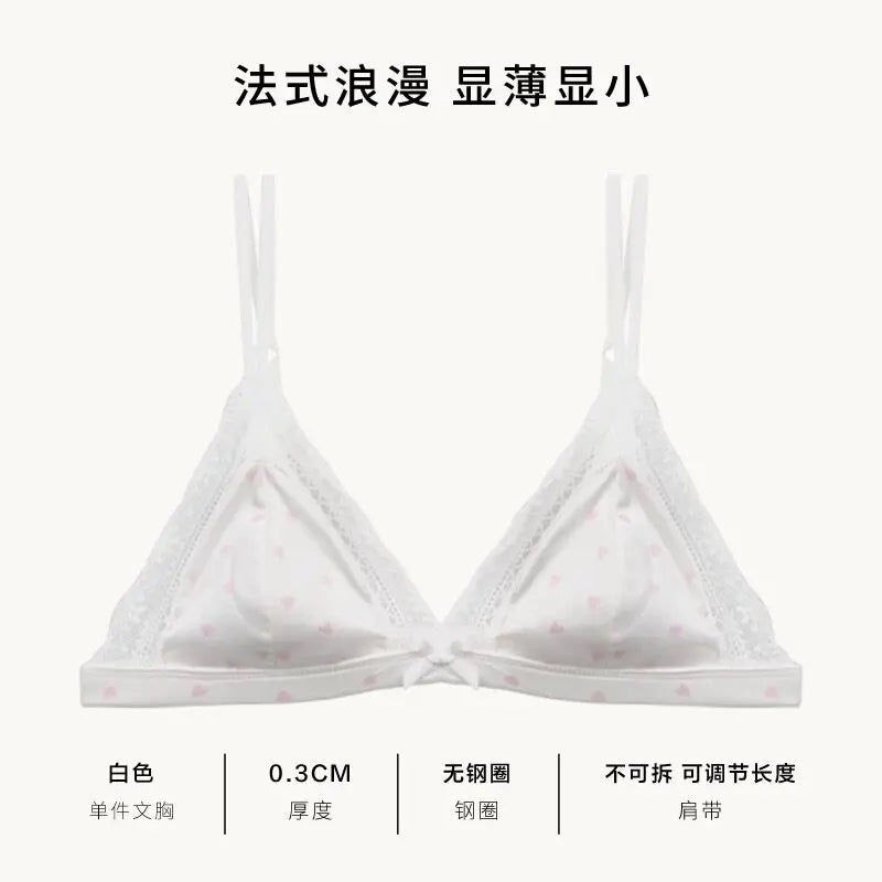 Französischer Stil Süßer Triangel-BH Lingerie Set Damen Satin Spitze Drahtlos Kleiner Busen Raffiniert Dünner Stoff Sexy Weiche Unterwäsche S-XL