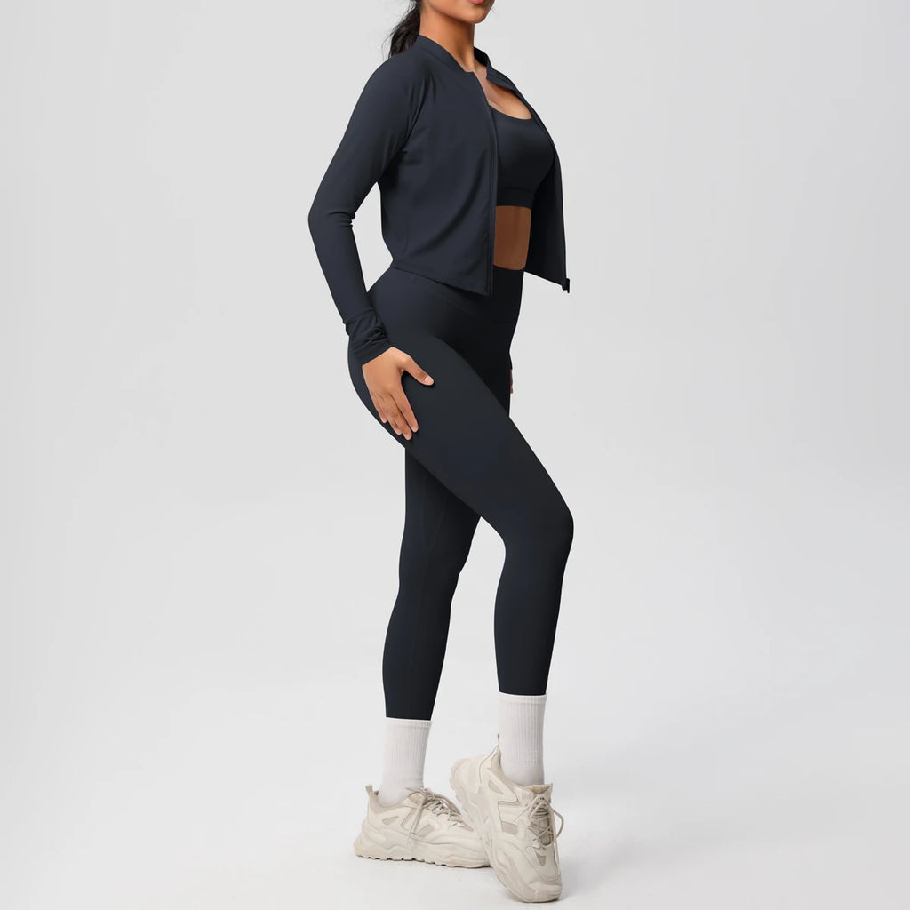 3-teiliges Sportbekleidung Yoga-Set Gym Sport-BH Reißverschlussjacke Leggings Kleidung Sportbekleidung Yoga-Anzüge für Damen Fitness-Set Trainingsanzug