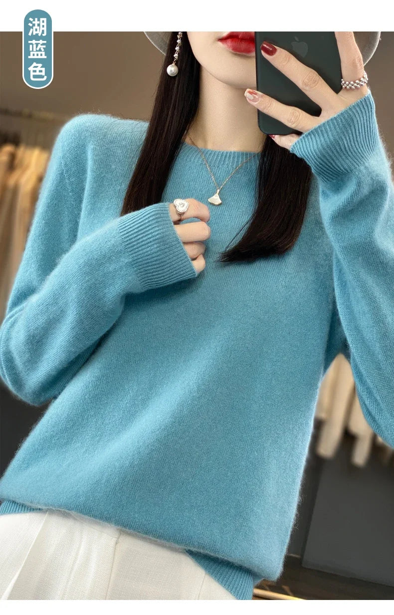 100 % Merinowolle Pullover Damen O-Ausschnitt Kaschmir Strickwaren Female Pullover Herbst Winter Freizeit Oberteile Einfarbig Weiche Kleidung