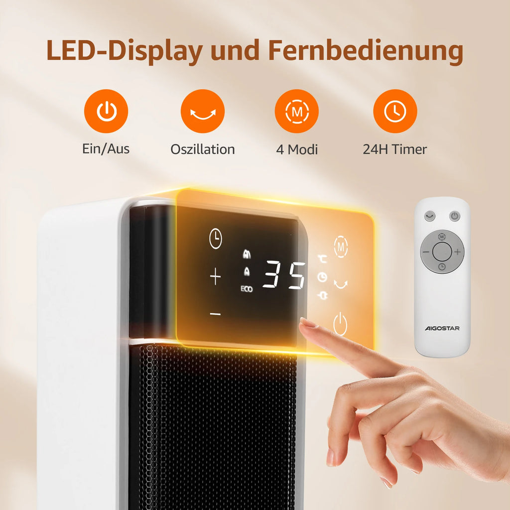 Aigostar Energiespar-Heizlüfter mit Thermostat, 2000W PTC Keramik-Heizlüfter mit Fernbedienung, 70° Oszillation, 4 Modi