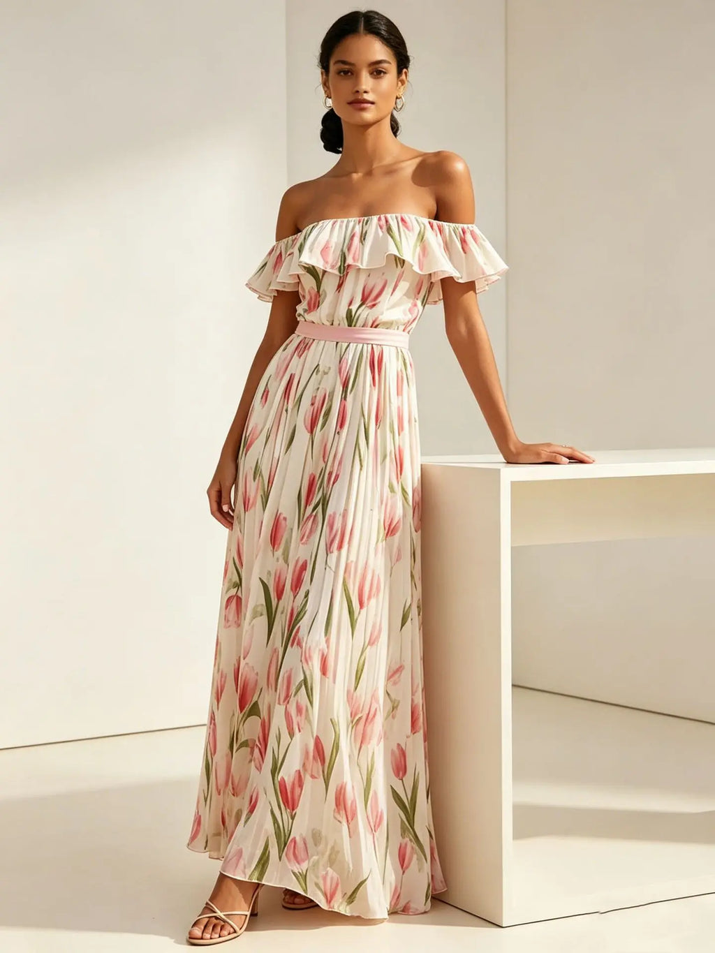 2026 Sommer schulterfreies Kleid mit Tulpenprint in großen Größen, schlankmachend, mit eckigem Ausschnitt und Maxilänge