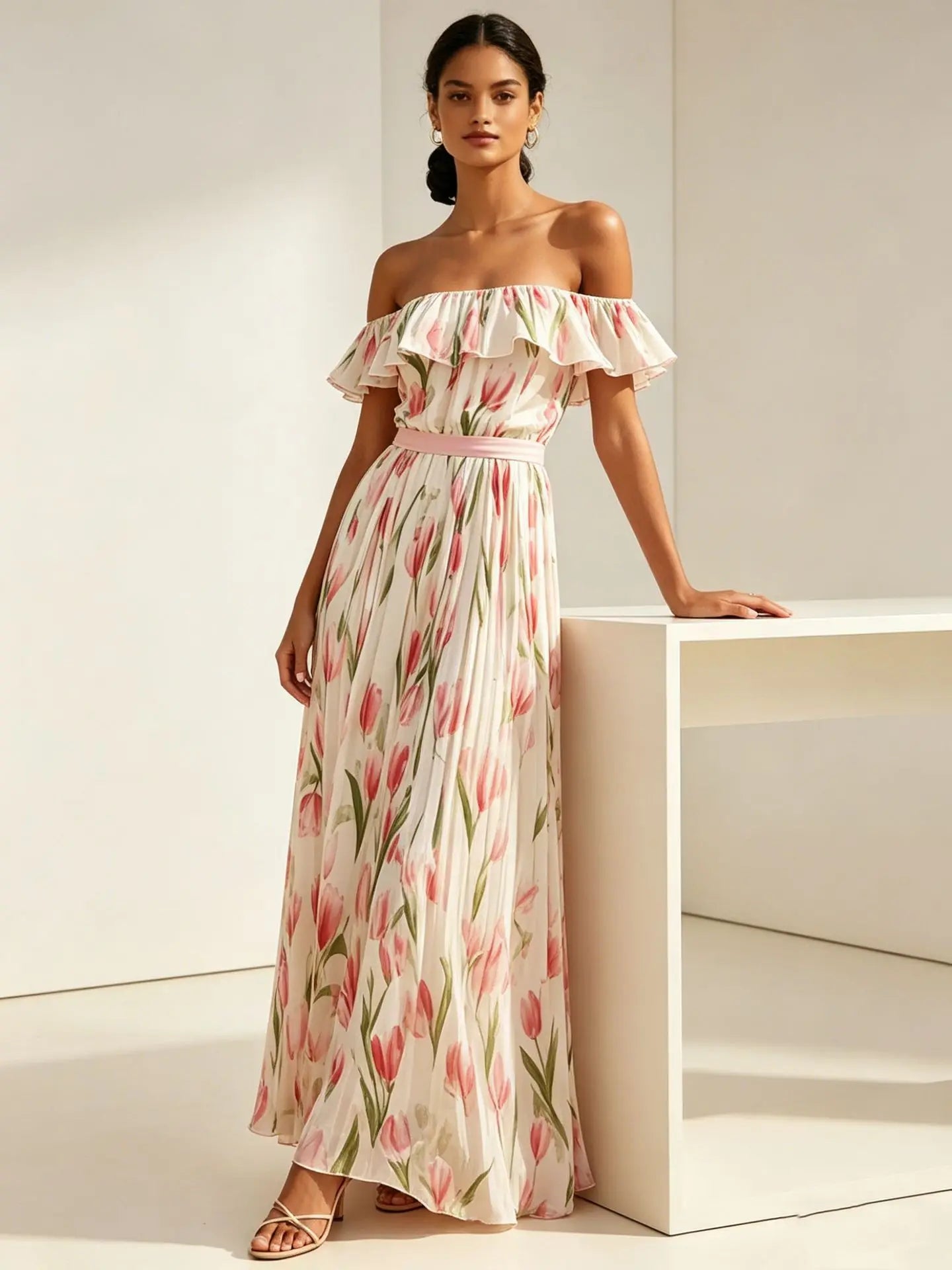 2026 Sommer schulterfreies Kleid mit Tulpenprint in großen Größen, schlankmachend, mit eckigem Ausschnitt und Maxilänge