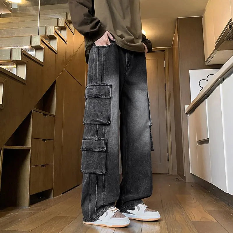 Herren-Loose-Jeans für den Herbst, Multi-Pocket-Arbeitsjeans, Street-Hip-Hop-Gerade-Wide-Leg-Hose, Baggy-Dance-Hose Hauptbild