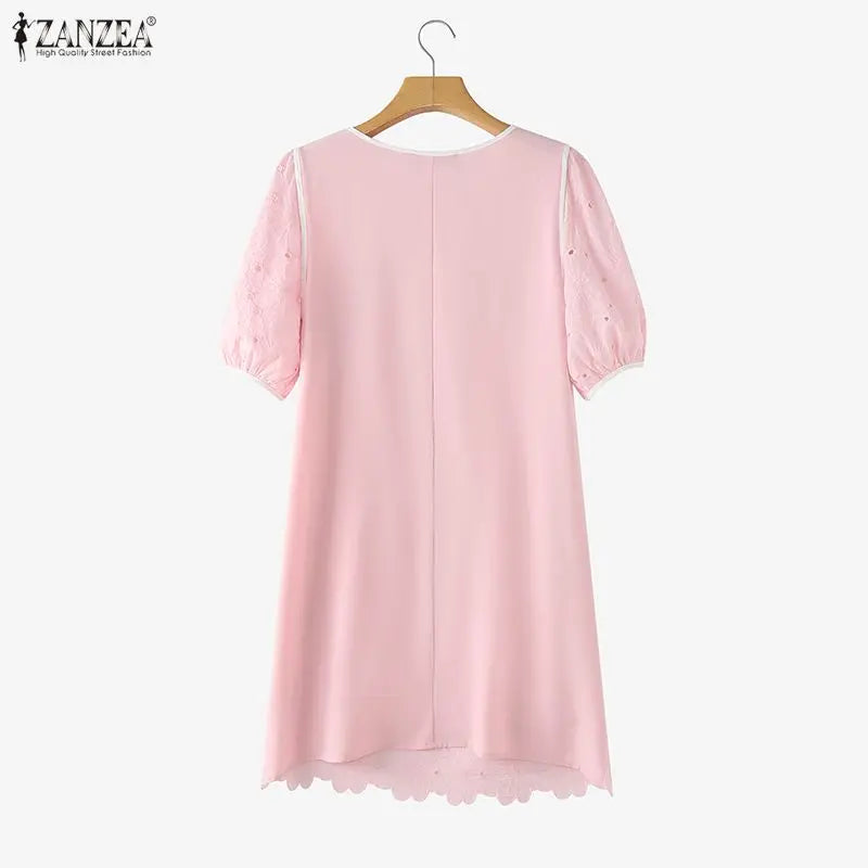ZANZEA Sommerkleider für Damen, Lochstickerei, O-Ausschnitt, halbe Puffärmel, kontrastfarbene Borte, knielanges Kleid, lässige A-Linien-Roben
