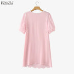 ZANZEA Sommerkleider für Damen, Lochstickerei, O-Ausschnitt, halbe Puffärmel, kontrastfarbene Borte, knielanges Kleid, lässige A-Linien-Roben