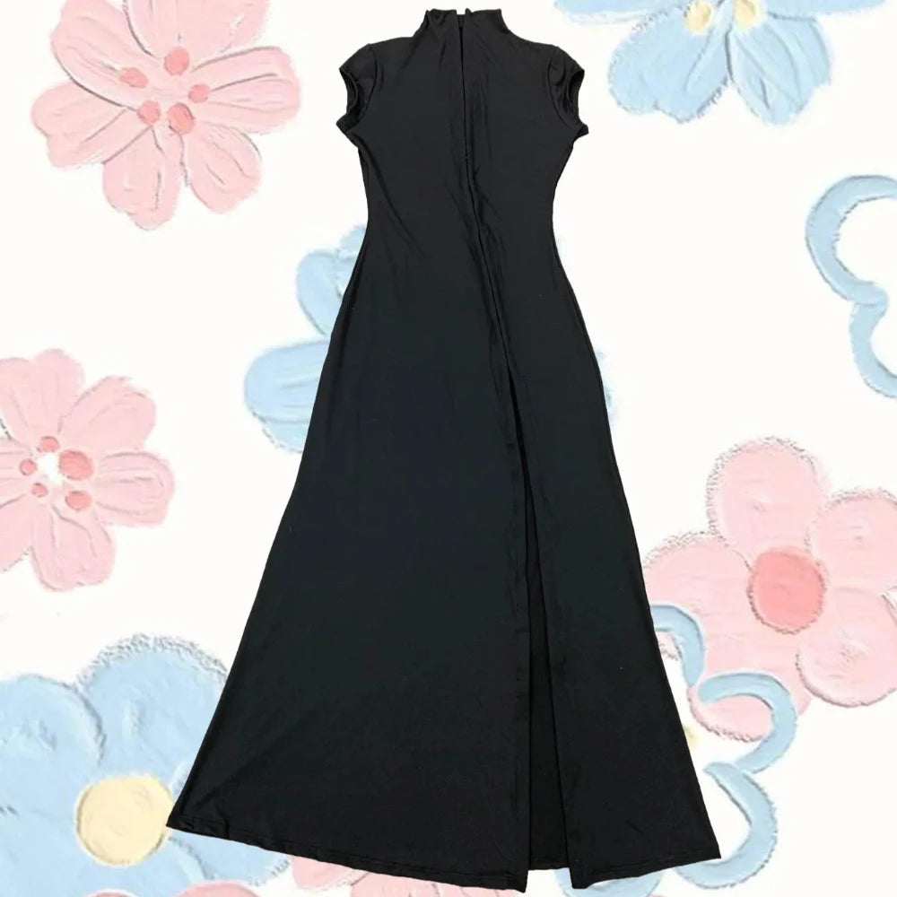 Schwarze Abendkleider mit hohem Schlitz, Rollkragen, Reißverschluss, schmal geschnitten, figurbetonter Rock, sexy heißes Mädchen-Nachtclub-Kleid für Damen Streetwear