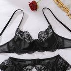 Women's Floral Embroidery Lingerie Sets Romantic Honey Bra Belt Panty 3PC with Gloves Stockings Seductive Sweet Star Underwear