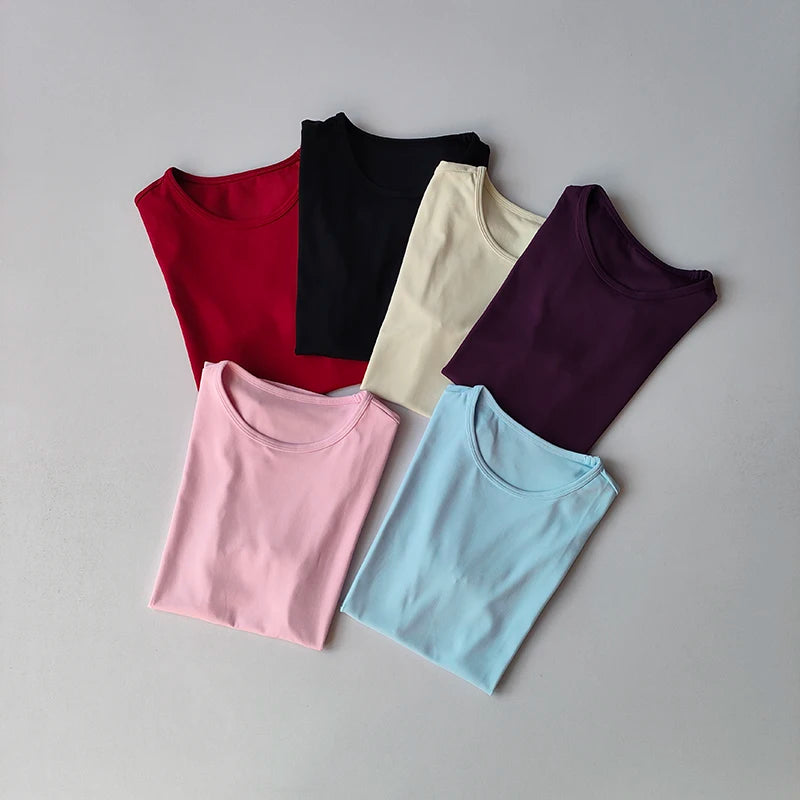 Hautenge, einfarbige Yoga-Kleidung für Damen: Schnelltrocknendes, elastisches, eng anliegendes T-Shirt, Fitness-Oberteil