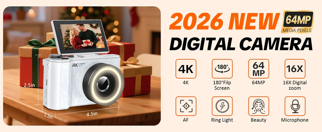 4K-Vlogging-Kamera, 180° drehbarer Bildschirm, Ringlicht & Beauty-Modus, Digitalkamera für Anfänger, 32-GB-SD-Karte enthalten, Weihnachtsgeschenk