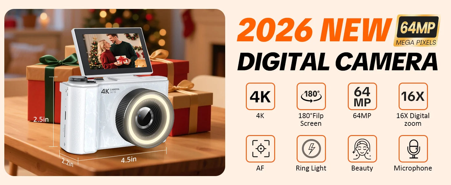 4K-Vlogging-Kamera, 180° drehbarer Bildschirm, Ringlicht & Beauty-Modus, Digitalkamera für Anfänger, 32-GB-SD-Karte enthalten, Weihnachtsgeschenk