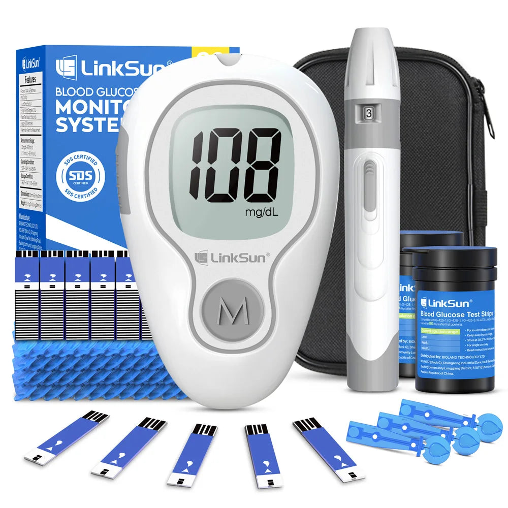 LinkSun Blutzuckermessgerät G-425-3 Glukometer ohne Codierung für Diabetestest 10/50/100 Teststreifen Lanzetten Medizinischer Blutzucker mg/mmol