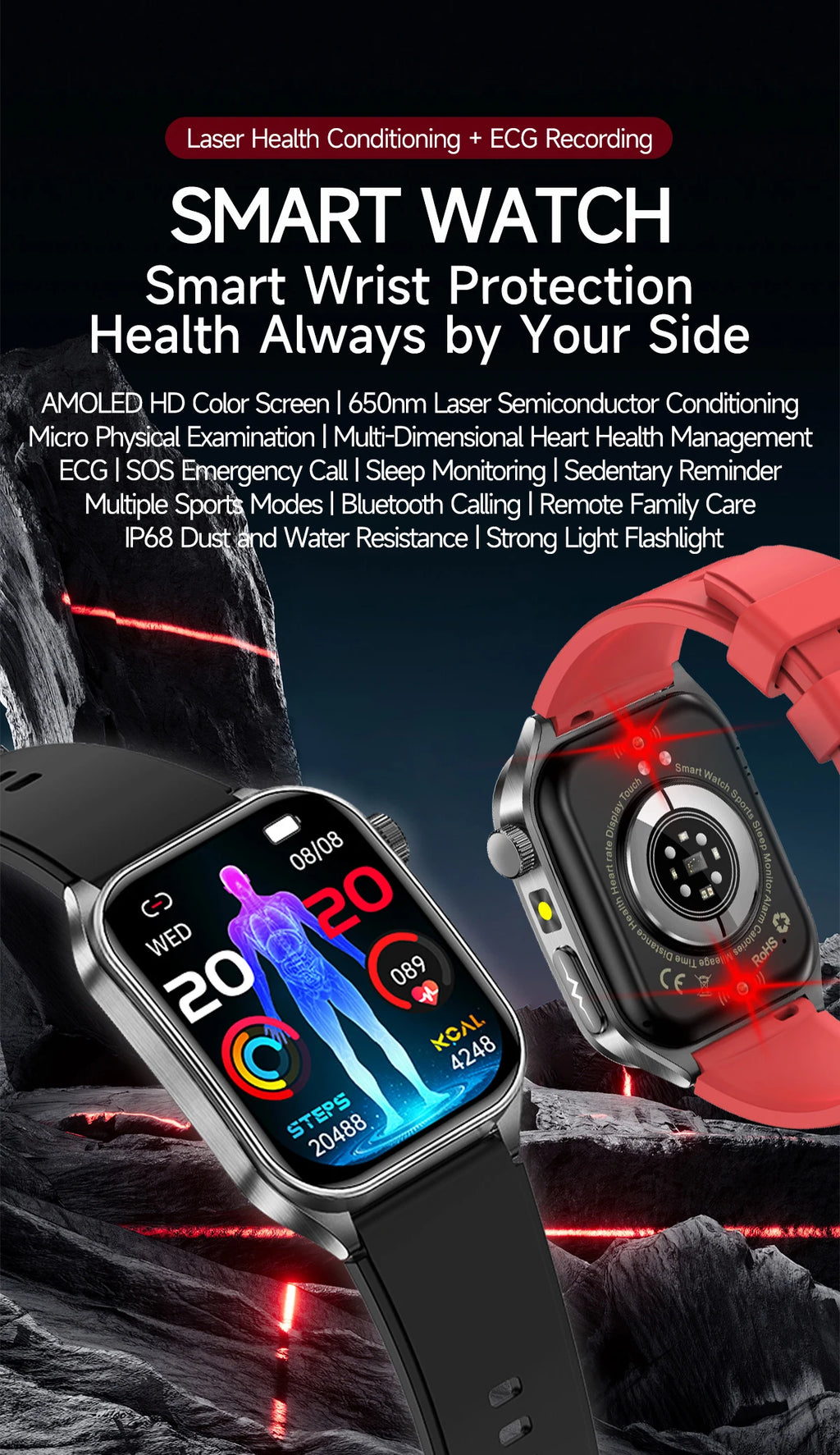 2026 Neue Gesundheits-Smartwatch Lasertherapie Reduziert Drei Hochs Blutsauerstoff Blutdruck Harnsäure Blutfette EKG-Smartwatch Für Herren