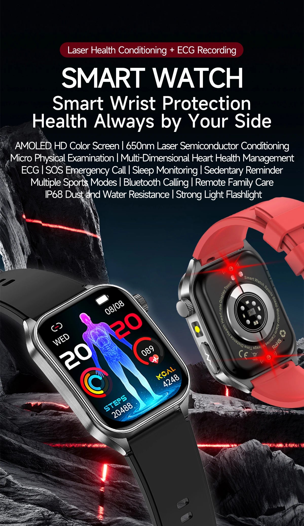 2026 Neue Gesundheits-Smartwatch Lasertherapie Reduziert Drei Hochs Blutsauerstoff Blutdruck Harnsäure Blutfette EKG-Smartwatch Für Herren
