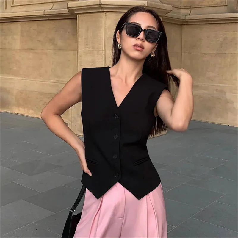 Frühling Sommer Koreanische Mode Weste 2025 Neue Damen Kurze Mode V-Ausschnitt Ärmellose Freizeit Blazer Weste Mäntel Weibliche Oberteile
