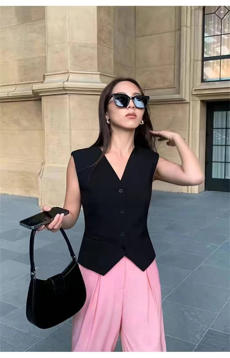 Frühling Sommer Koreanische Mode Weste 2025 Neue Damen Kurze Mode V-Ausschnitt Ärmellose Freizeit Blazer Weste Mäntel Weibliche Oberteile