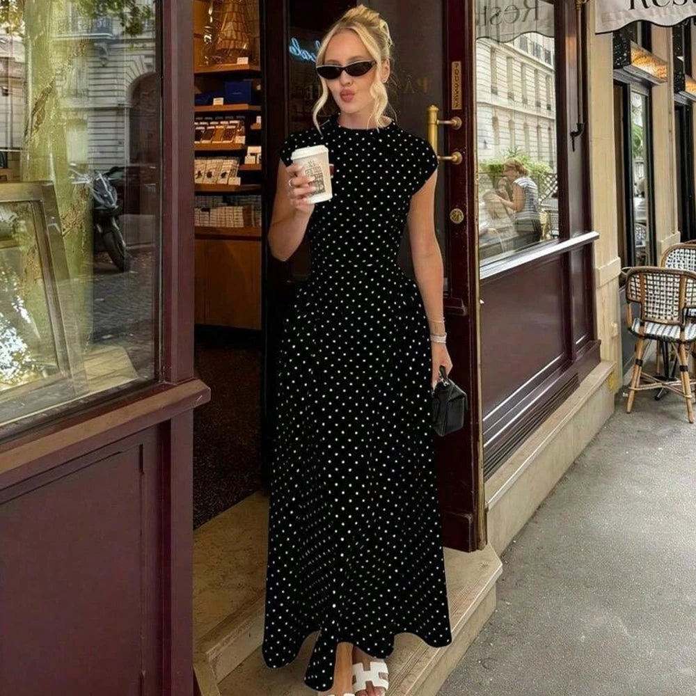 Talenza Weißes gepunktetes langes Kleid Sommer Sexy High-Waist Vintage Print Ärmelloses Kleid Lässige Party Urlaub Neues Damenkleid
