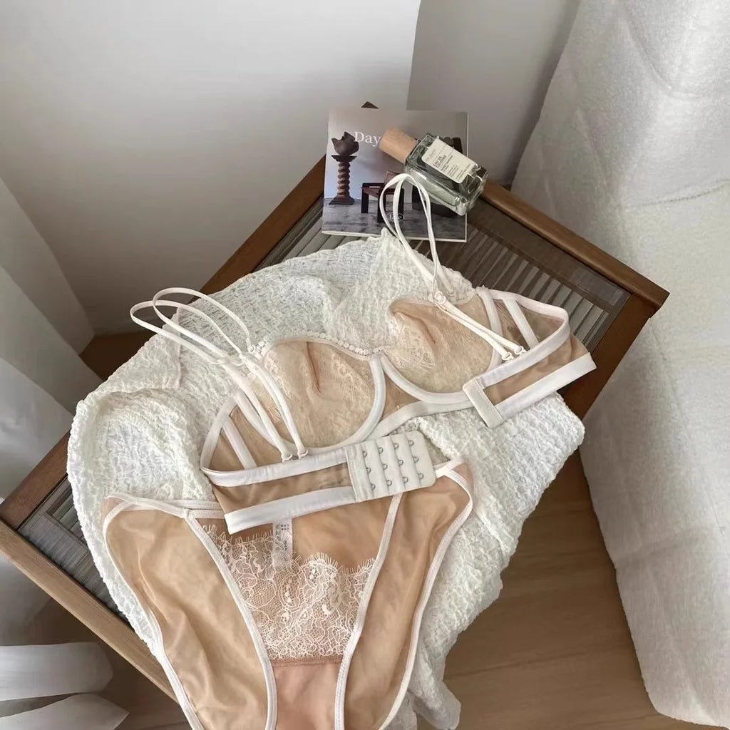 Japanisches Light Luxury Trägerloses Spitzen-BH-Set – Ultraleichter Half-Cup Minimizer aus Sheer Mesh & Spitze, nur noch 50 Sets im Flash Sale