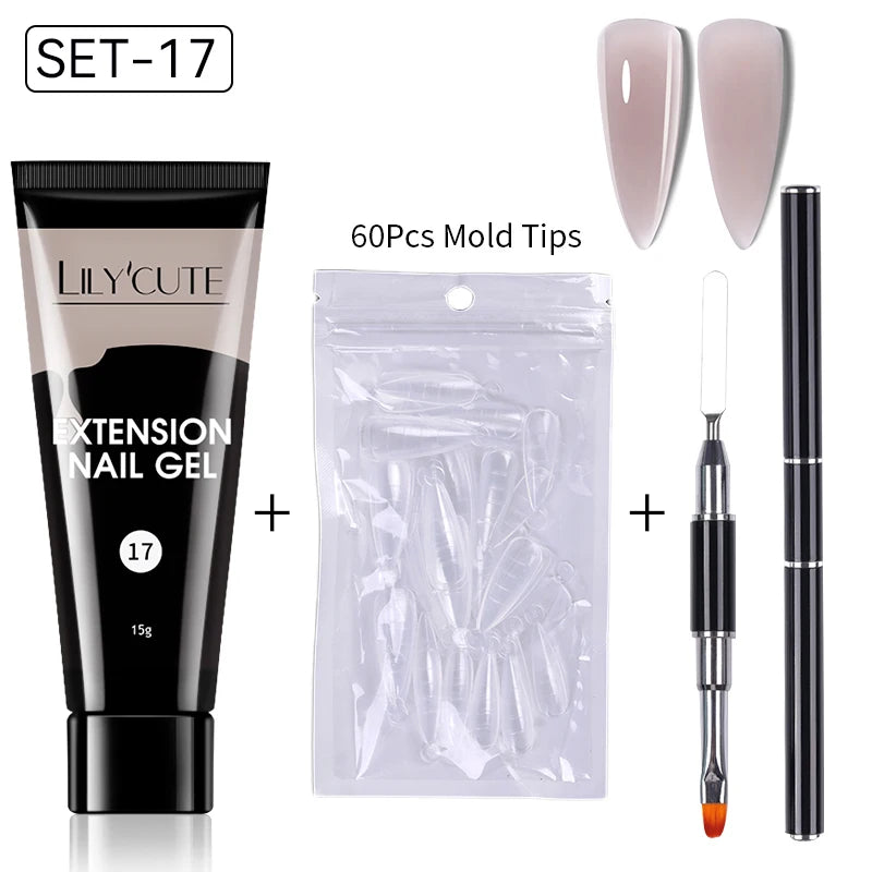 LILYCUTE 15ml Verlängerungsgel-Nagellack-Set Quick Nail Prolong mit Verlängerungsform-Nagelspitzen Acryl-Lösung Maniküre-Werkzeug-Kit