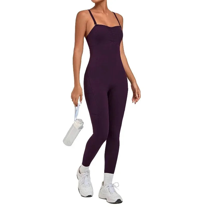 Damen Yoga Jumpsuits Sport Fitness Einteiler Schönheits-Rückengurt Tasche Hüfthebend Slim Fit Laufen Workout Training Bodysuit