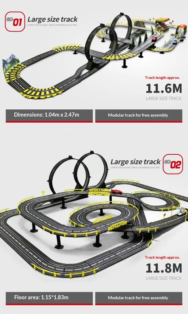 Elektrische ferngesteuerte Slot-Car-Rennbahn, groß, 2 Spieler, wettbewerbsfähig, Dual-Modus, ferngesteuert, einstellbar, Spleißen, Kinder-Erwachsenen-Geschenkset