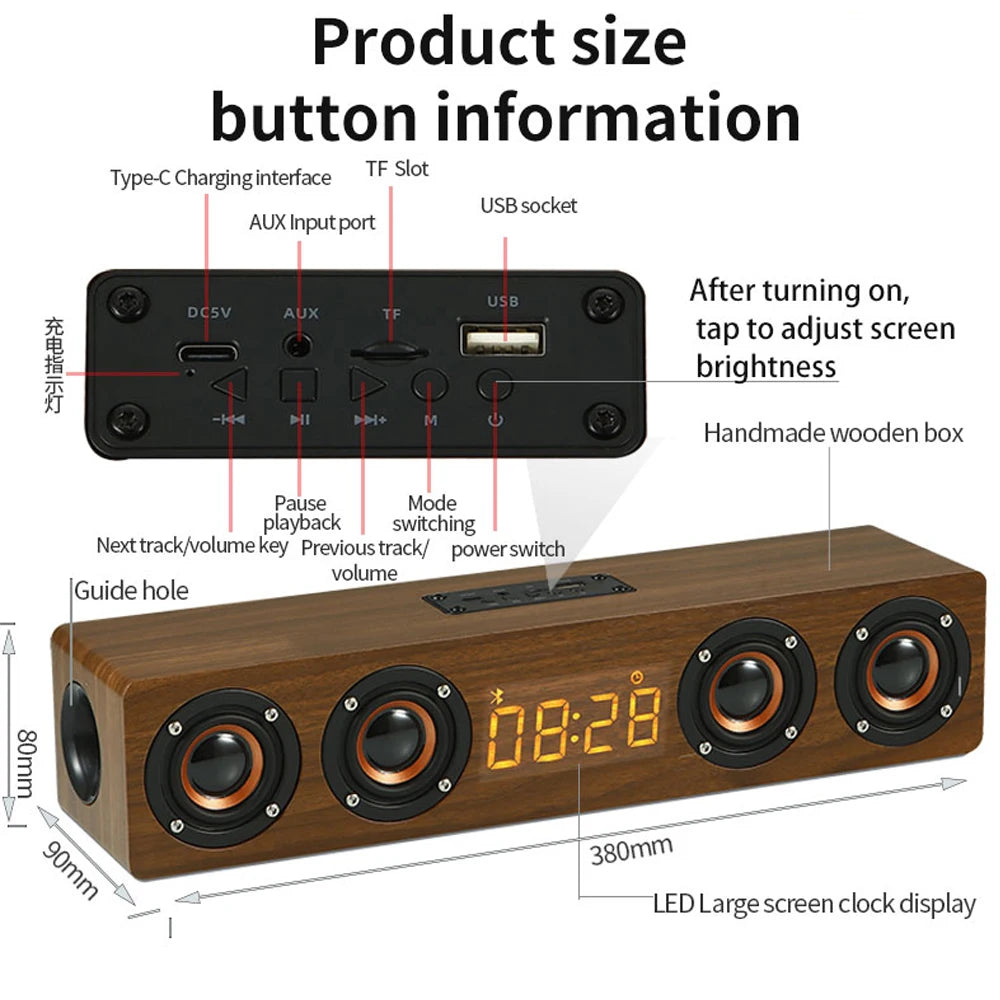 Domars Wireless Bluetooth 5.0 Speakers Wooden Alarm Clock Display Sound System Player with AUX TF FM Radio Subwoofer Box