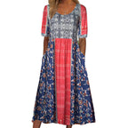 2025 Sommer Damen-Bohemia-Kleid locker, modischer Druck, Rundhalsausschnitt, kurze Ärmel, langes Kleid