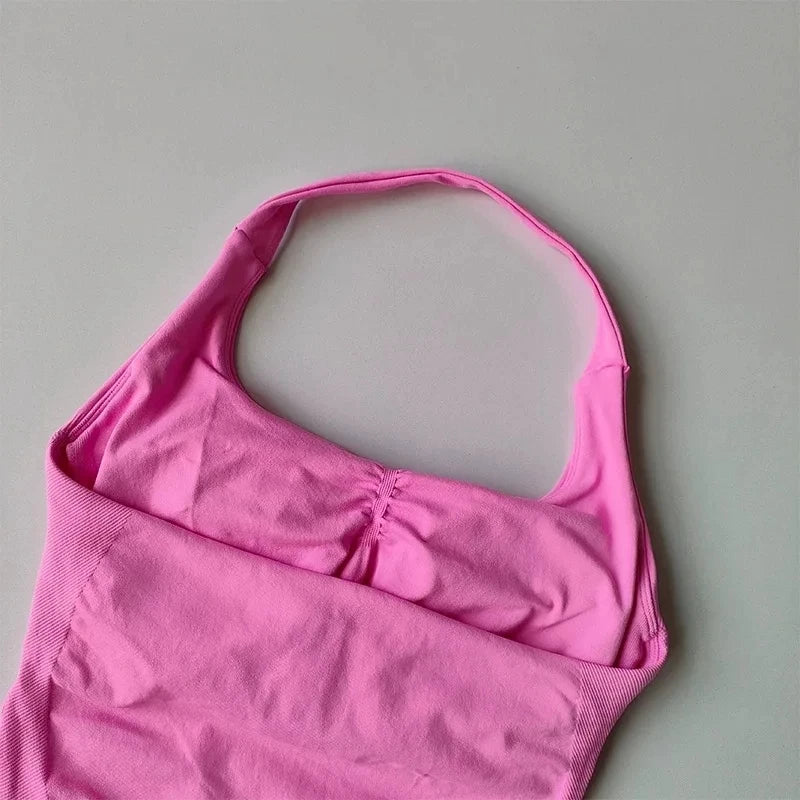 Nahtlose Neckholder-Yoga-Tanktops für Damen mit integriertem BH, gepolstertem Gymnastik-Top, ärmellosem Shirt, tailliert, rückenfrei, Sportbekleidung