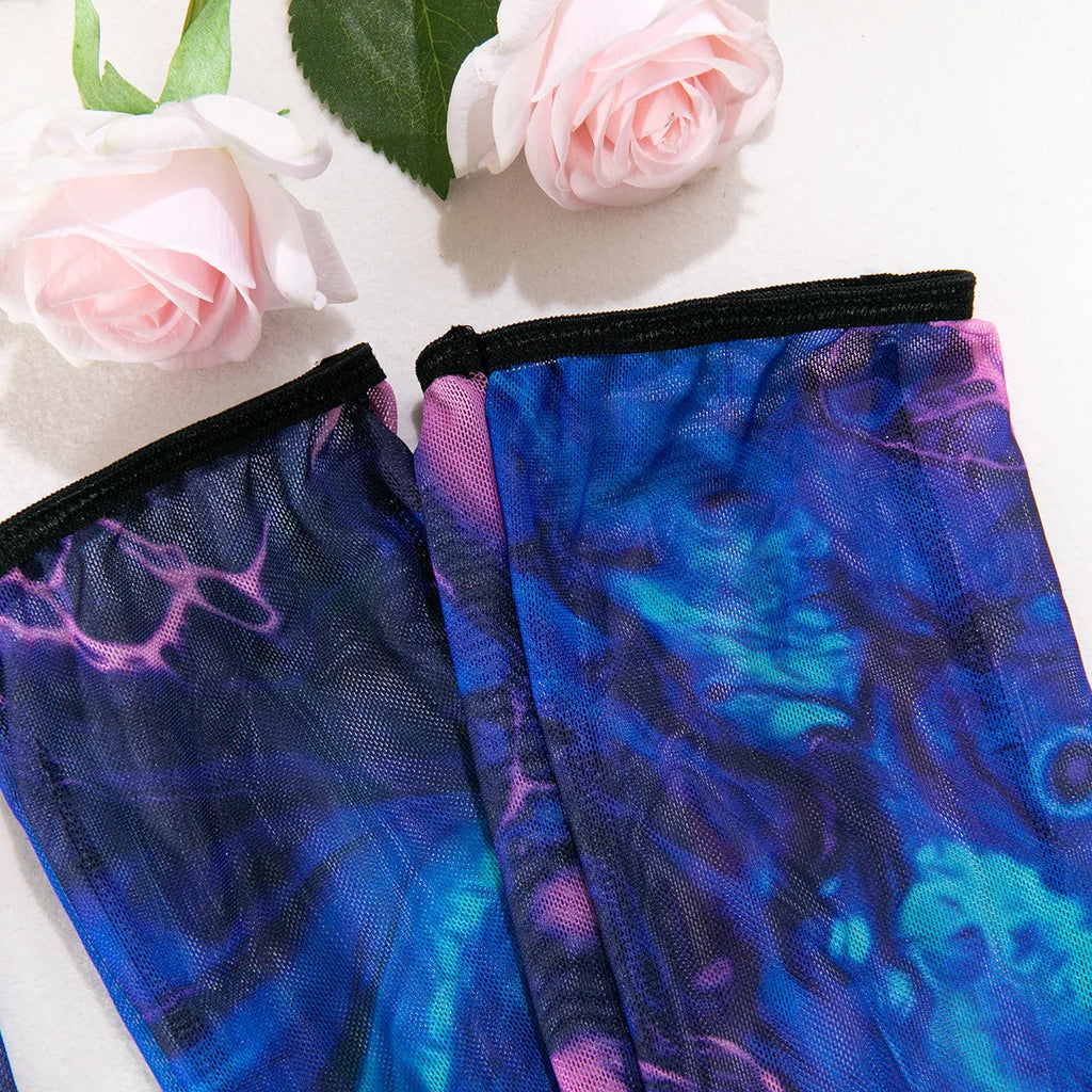 Sexy Perspektive Brustraffer Bedruckter Dessous-Set mit Handschuhen und Bein-Set für Damen, fünfteiliges Set, Damen Fun-BH- & Slip-Sets