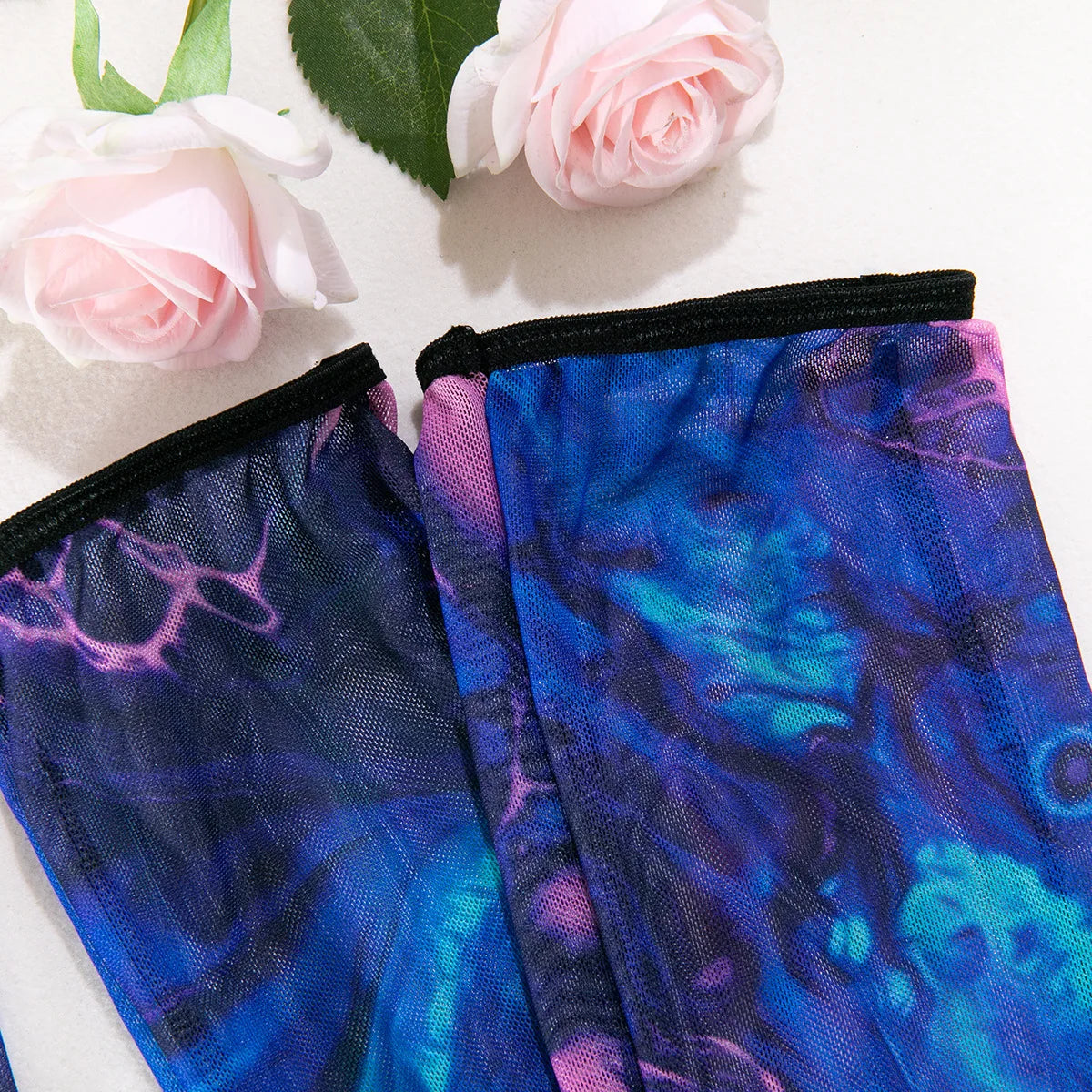 Sexy Perspektive Brustraffer Bedruckter Dessous-Set mit Handschuhen und Bein-Set für Damen, fünfteiliges Set, Damen Fun-BH- & Slip-Sets