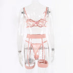 Spitzen-Dessous-Set 3-teilig Transparenter BH Strumpfhalter Halbcup Push-up Unterwäsche für Damen