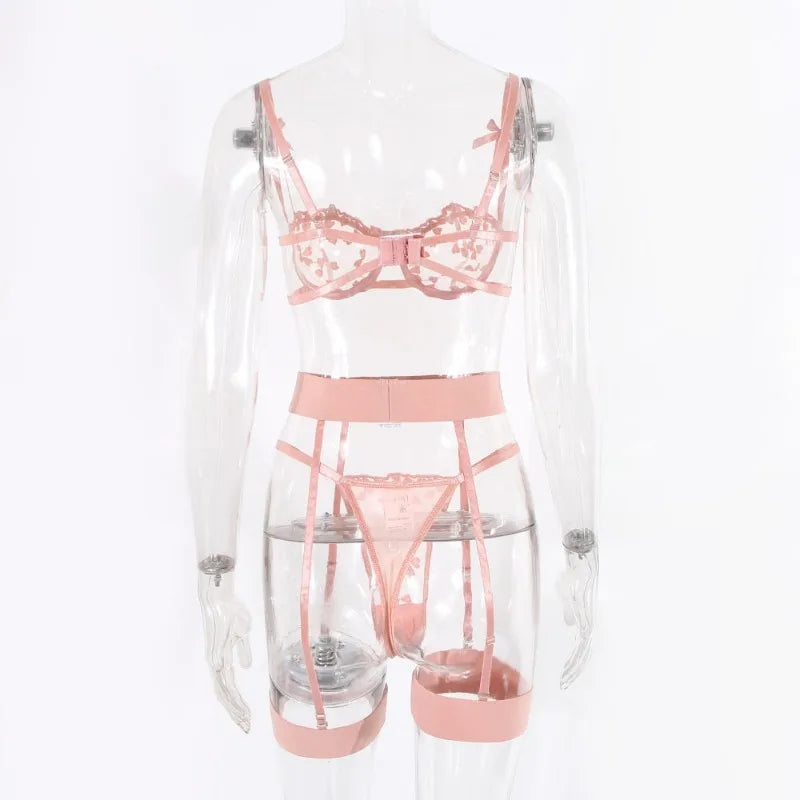 Spitzen-Dessous-Set 3-teilig Transparenter BH Strumpfhalter Halbcup Push-up Unterwäsche für Damen