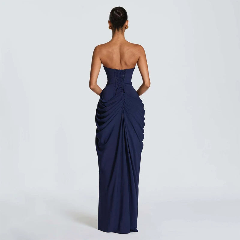 Damen einfarbiges plissiertes, sexy trägerloses Kleid, elegantes schulterfreies, rückenfreies Kleid mit hoher Taille und Schlitz 2026, neues Abendparty-Kleid