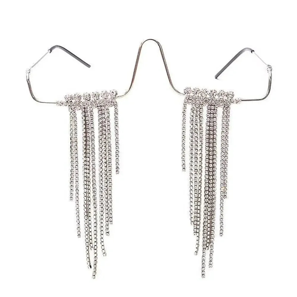 Mode Quaste Halbrahmen-Metallbrille für Frauen Kristall Gesichts-Kette Schmuck Brillen Kpop Make-up Strass-Accessoire Ohne Gläser