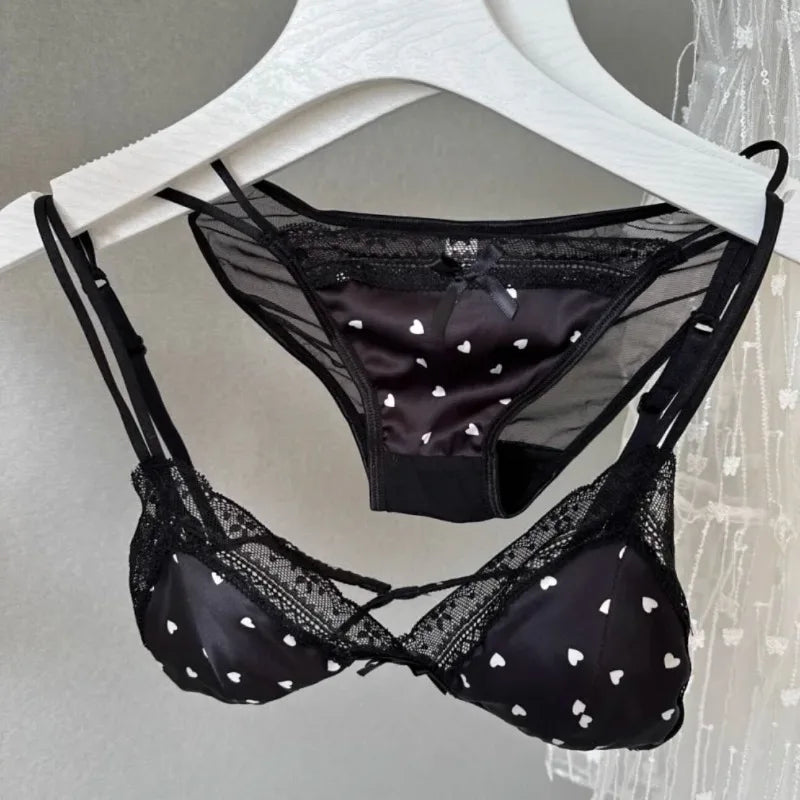 Französischer Stil Süßer Triangel-BH Lingerie Set Damen Satin Spitze Drahtlos Kleiner Busen Raffiniert Dünner Stoff Sexy Weiche Unterwäsche S-XL