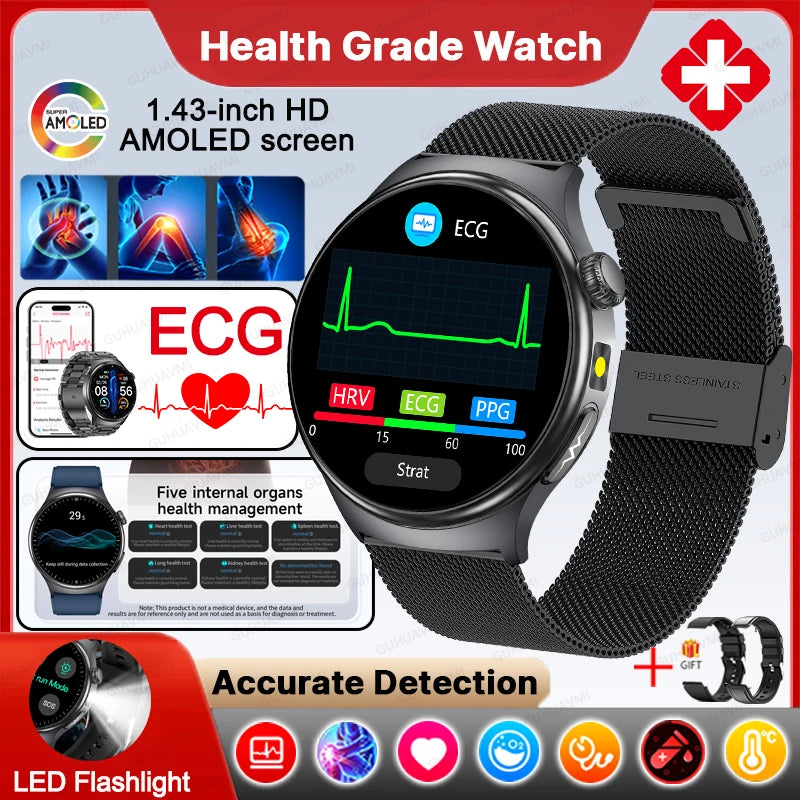 Neue genaue EKG-Smartwatch, Blutfettwerte, Fünf-Organe-Gesundheitscheck, Körpertemperatur, BT-Anruf, Sport-Smartwatches für Herren 2026