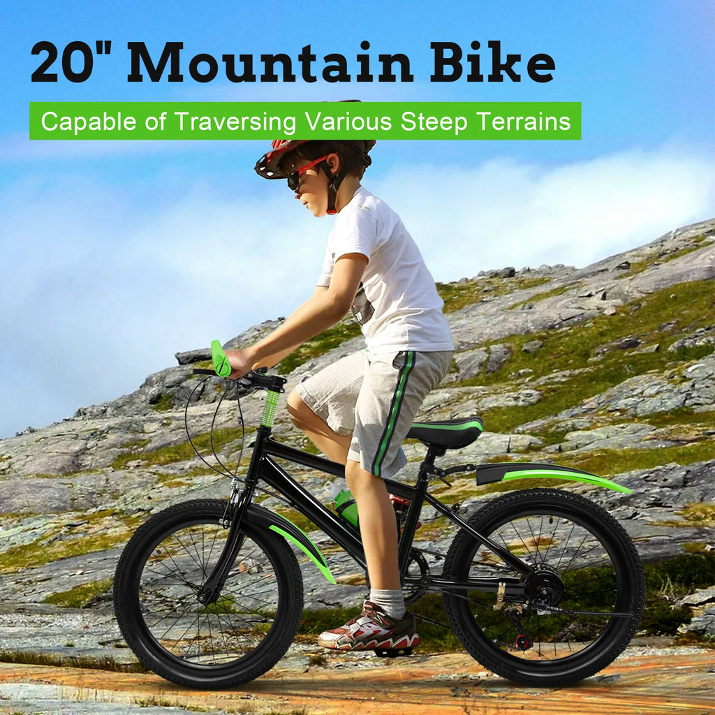 20 Zoll Mountainbike 7 Gänge, Verstellbarer Sattel Kinderfahrrad mit Schutzblechen und Flaschenhalter für Jungen und Mädchen 8-13 Jahre
