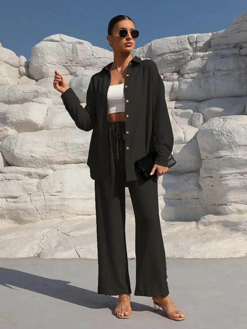 Große Größen Casual Locker Zweiteiler Weites Bein Hose Langarmshirt Hellbeige Street Style Elegant Qualität Polyester Somm...