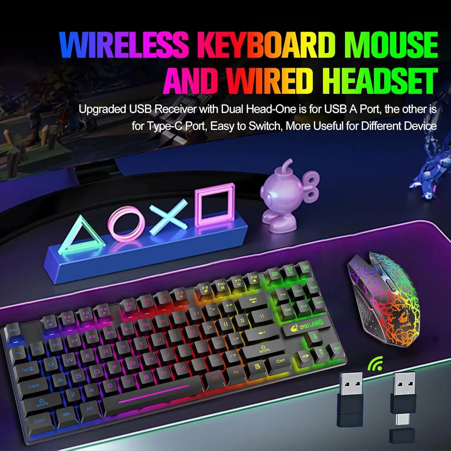 T87 Wireless Keyboard Mouse Set, Rainbow Backlit 2.4G Rechargeable Gaming Keyboard 2400DPI Optical Gaming Mouse with Mouse Pad Hauptbild